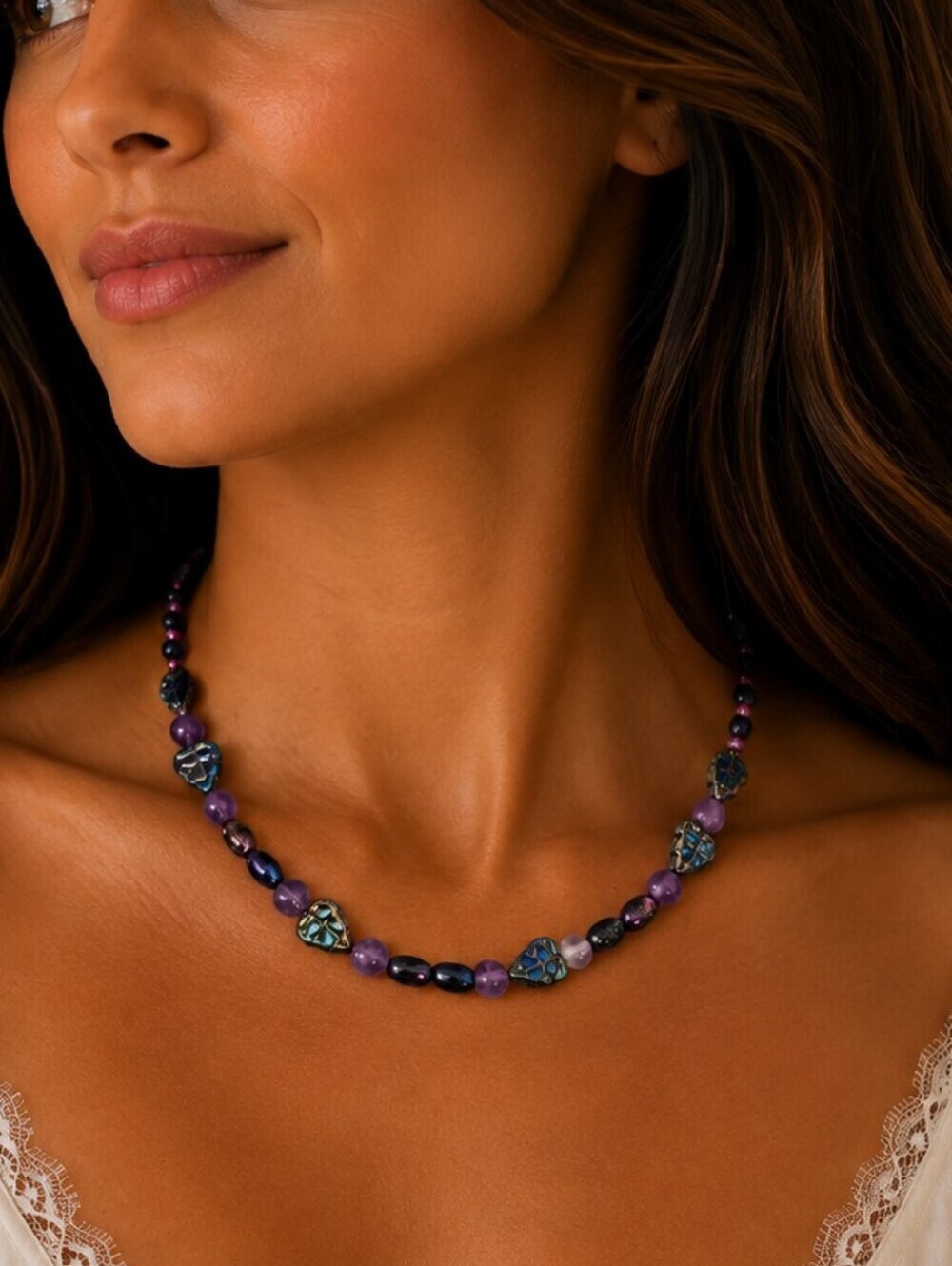 HANDMADE Amethyst Spindel Czech Glass Leaf Beaded Collar Necklace